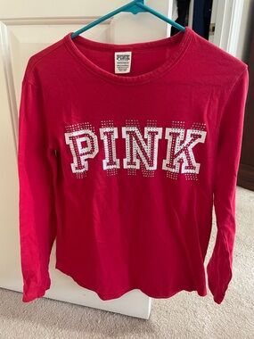 PINK Victoria's Secret women ' Long-Sleeve rhinestone Logo Tee in Bright Red